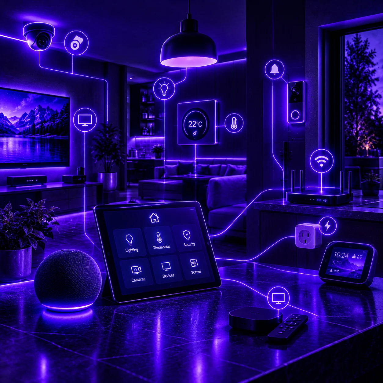 Connected smart home devices, cameras, lighting, and Wi-Fi