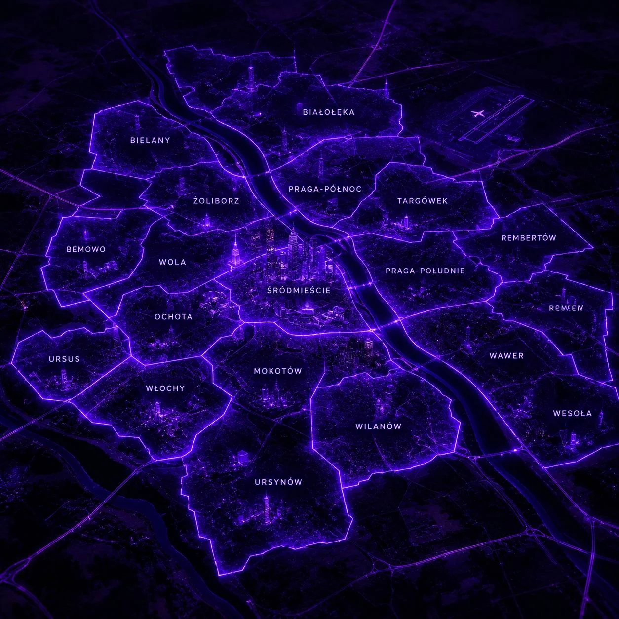 Ilustrowana mapa dzielnic Warszawy w odcieniach fioletu